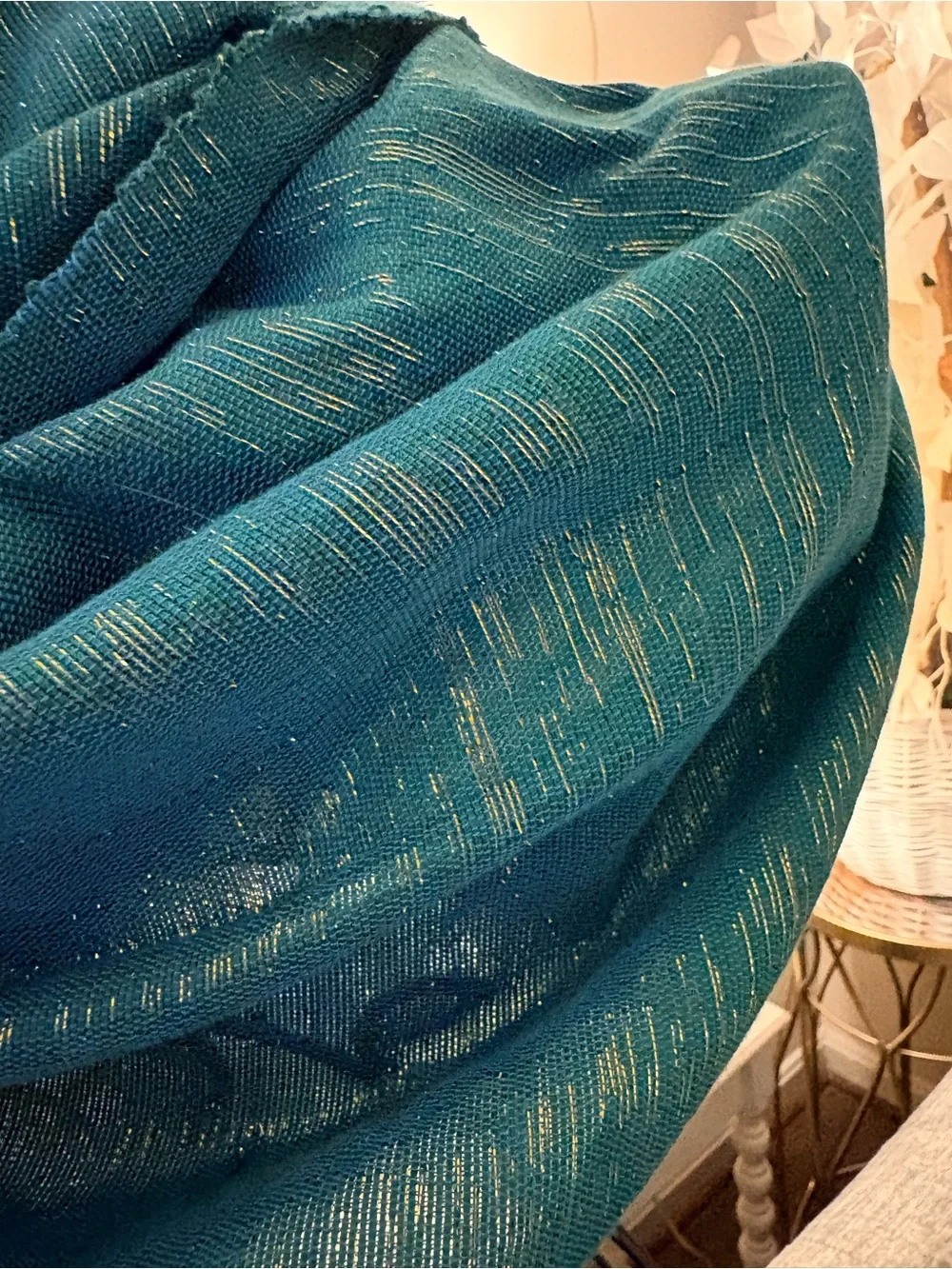 Textured Teal Woven Gold Metallic Thread Blue Fringe Wrap Scarf 21”x 65”